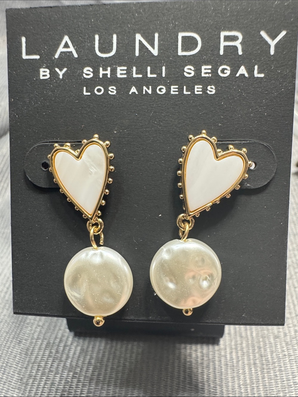 Laundry By Shelli Segal Gold & White Heart Pearl Drop Earrings
